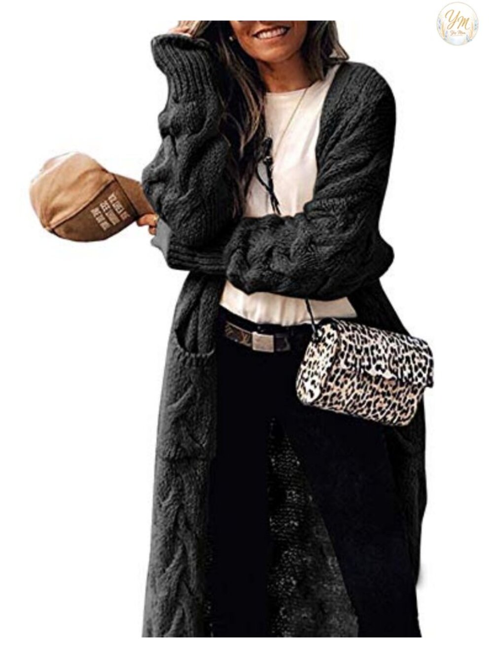 Long Open Front Chunky Cable Knit Cardigan Sweater with Pockets